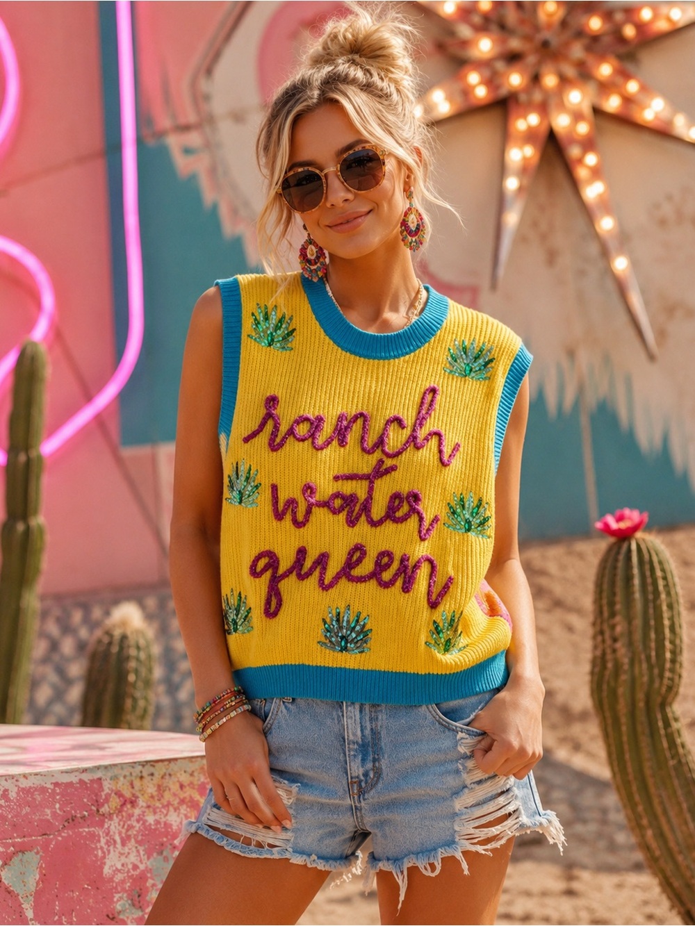 Queen of Sparkles - Yellow Knit Vest with Turquoise Trim and Magenta Script